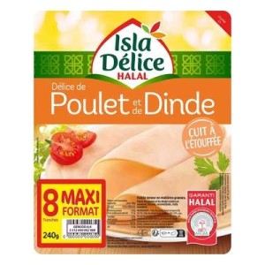 Isla Délice
Délice de poulet et de dinde halal cuit à l'étouffée, Isla Delice (8 tranches, 240 g)
