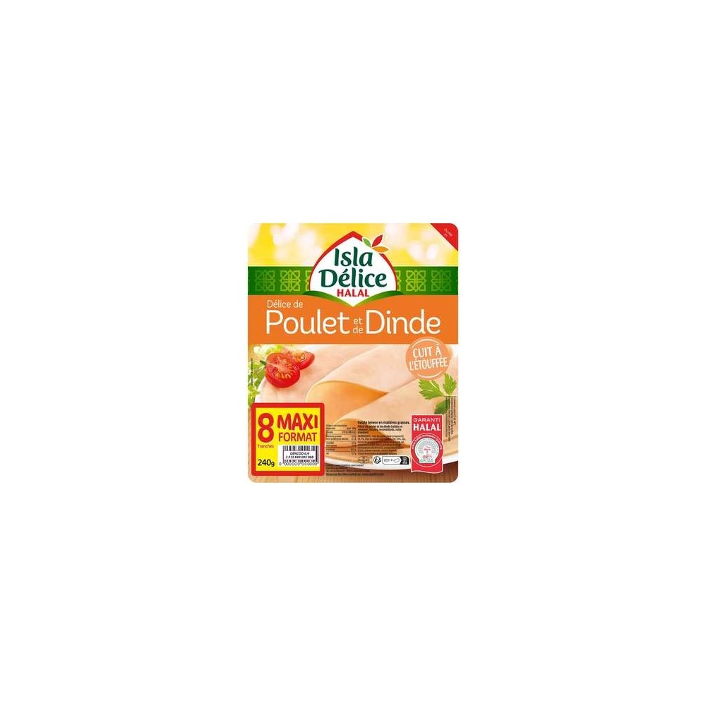 Isla Délice
Délice de poulet et de dinde halal cuit à l'étouffée, Isla Delice (8 tranches, 240 g)